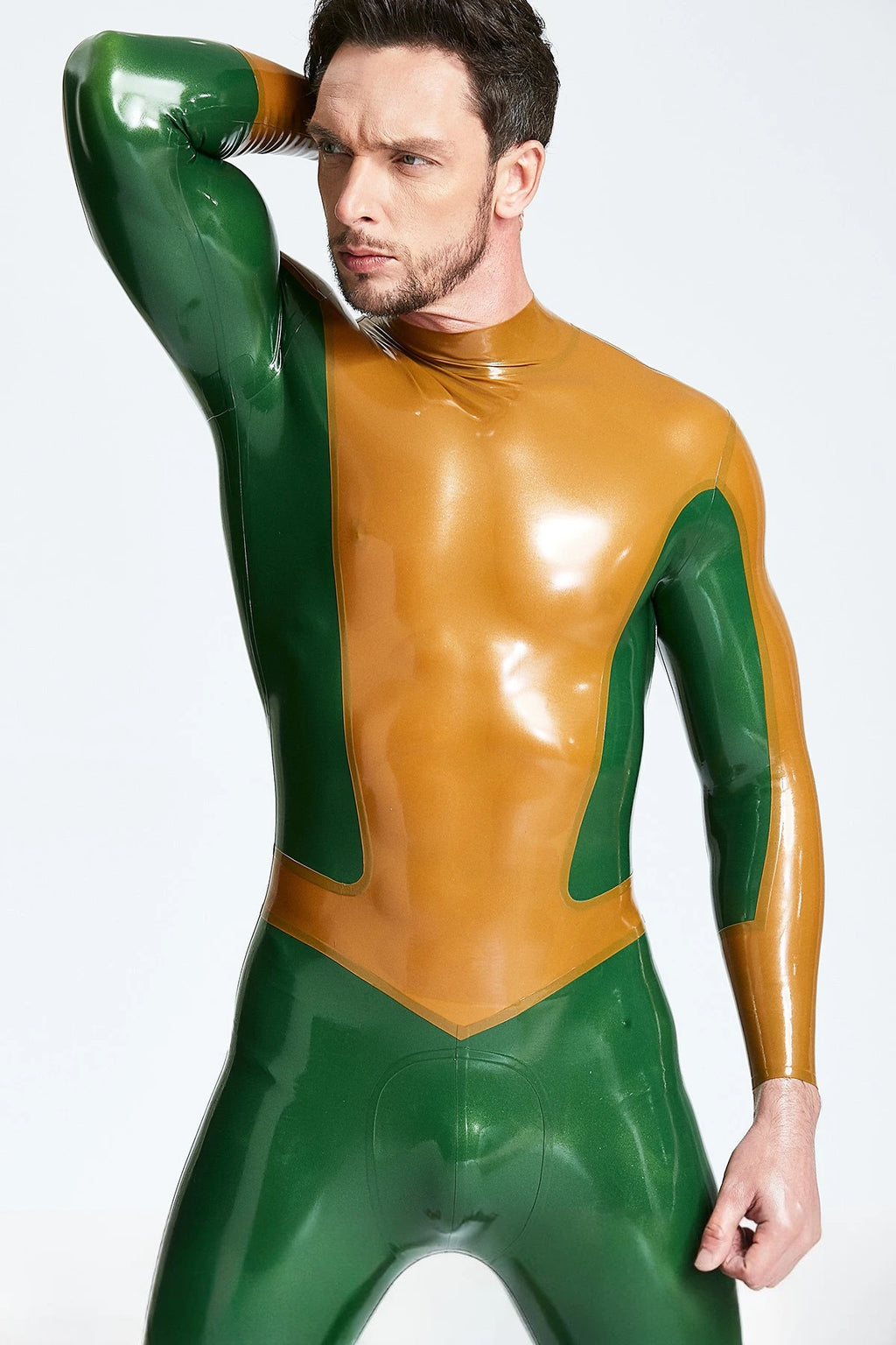 Metallic Bronze Male 'Arrowhead' Back Zip Latex Catsuit