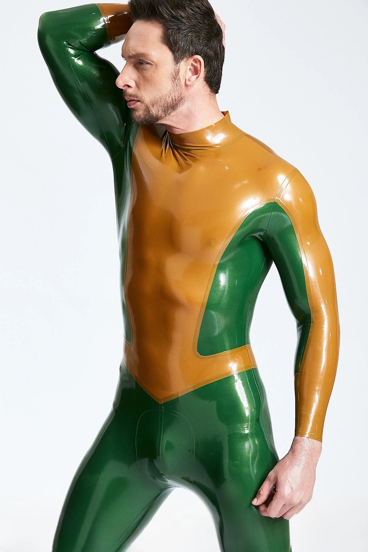 Metallic Bronze Male 'Arrowhead' Back Zip Latex Catsuit