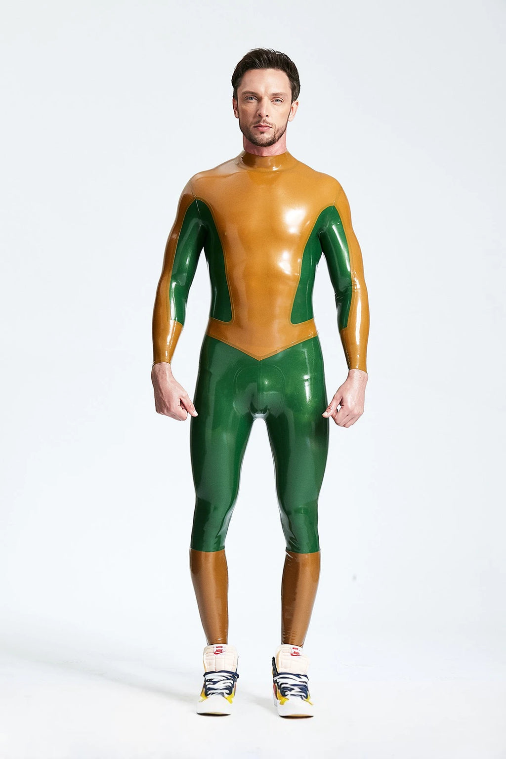 Metallic Bronze Male 'Arrowhead' Back Zip Latex Catsuit