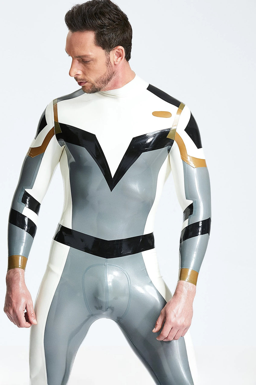 Metallic Silver Male 'Astro-Moon' Latex Catsuit