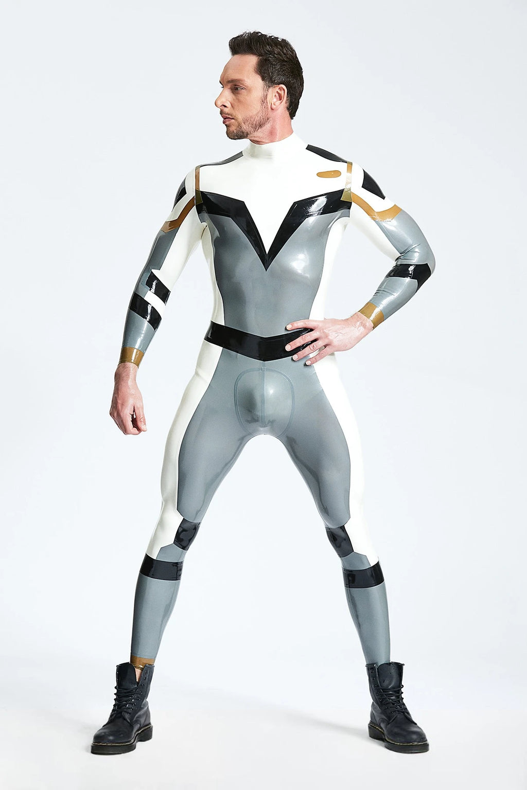 Metallic Silver Male 'Astro-Moon' Latex Catsuit