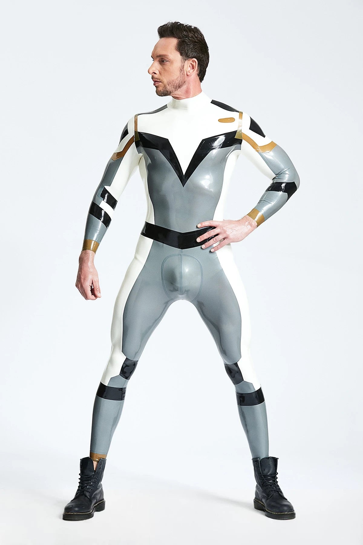 Metallic Silver Male 'Astro-Moon' Latex Catsuit