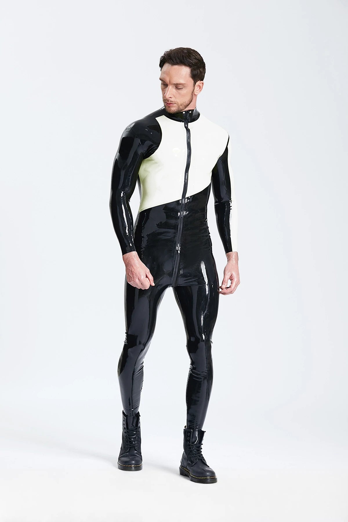 Black Male Asymmetric Latex Catsuit