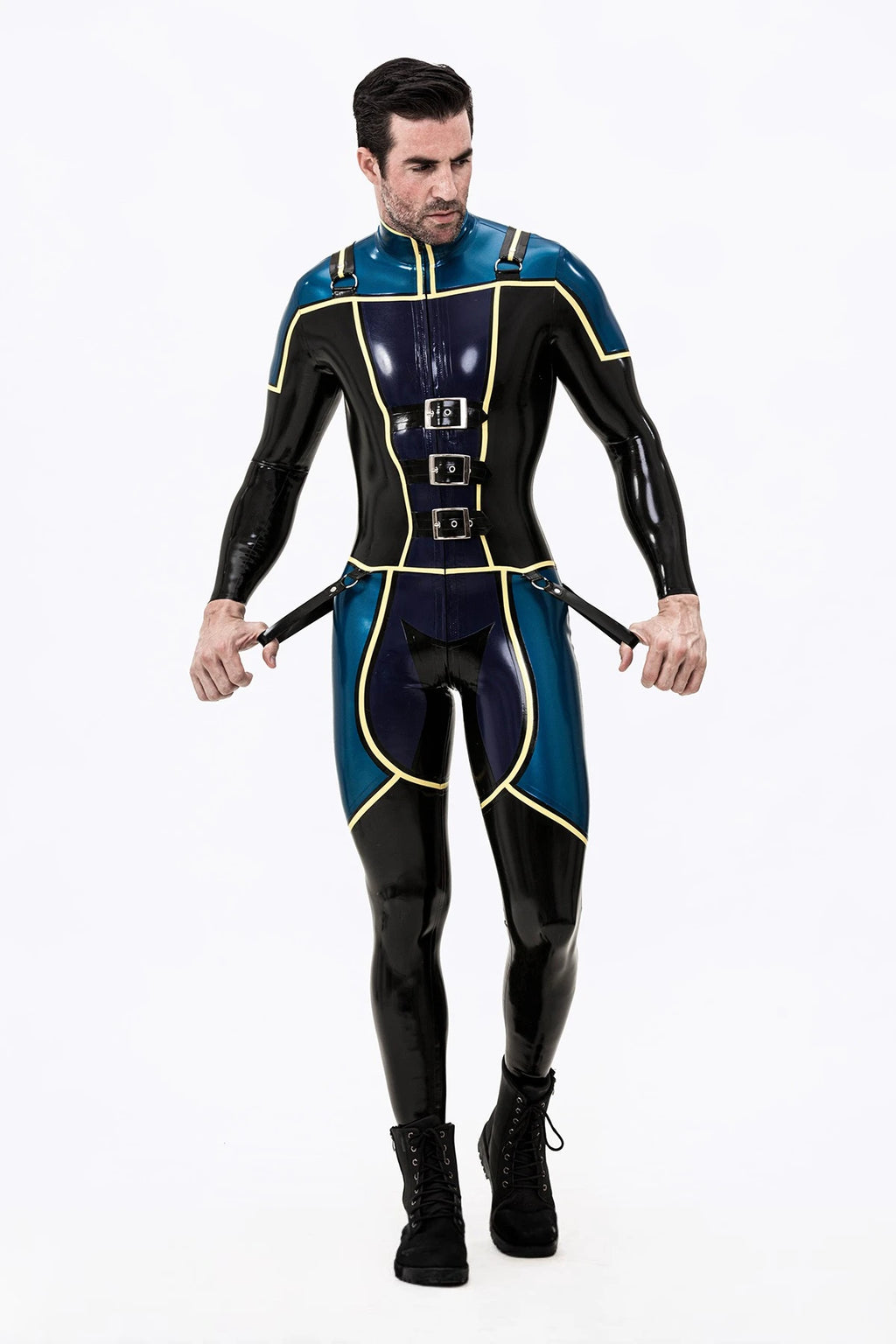 Black Male Blue Badge Gendarme Style Latex Catsuit