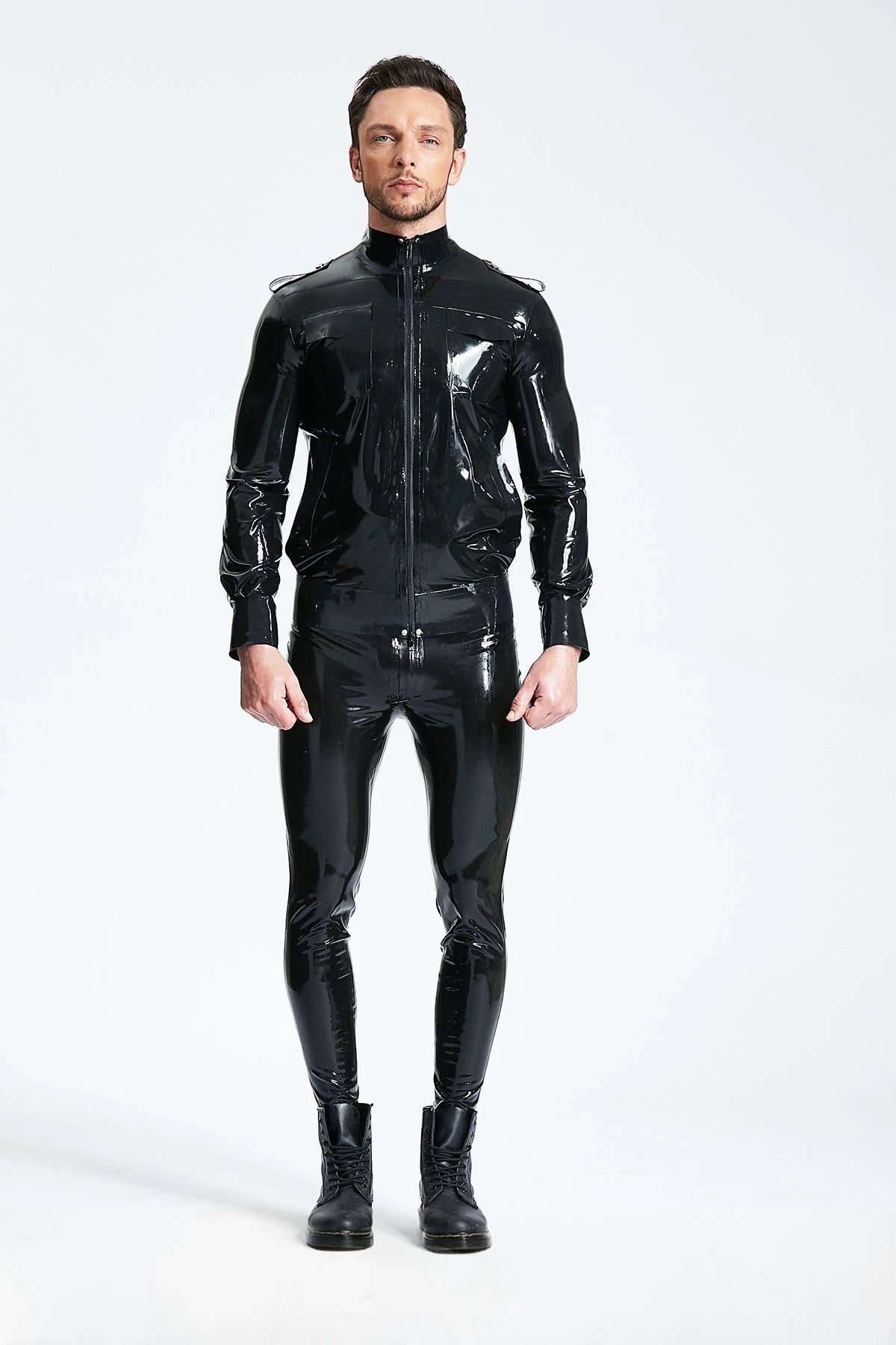 Black Male Bomber Style Latex Jacket