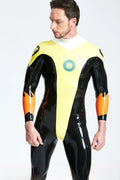 Yellow Male 'Captain Flame' Back Zip Latex Catsuit