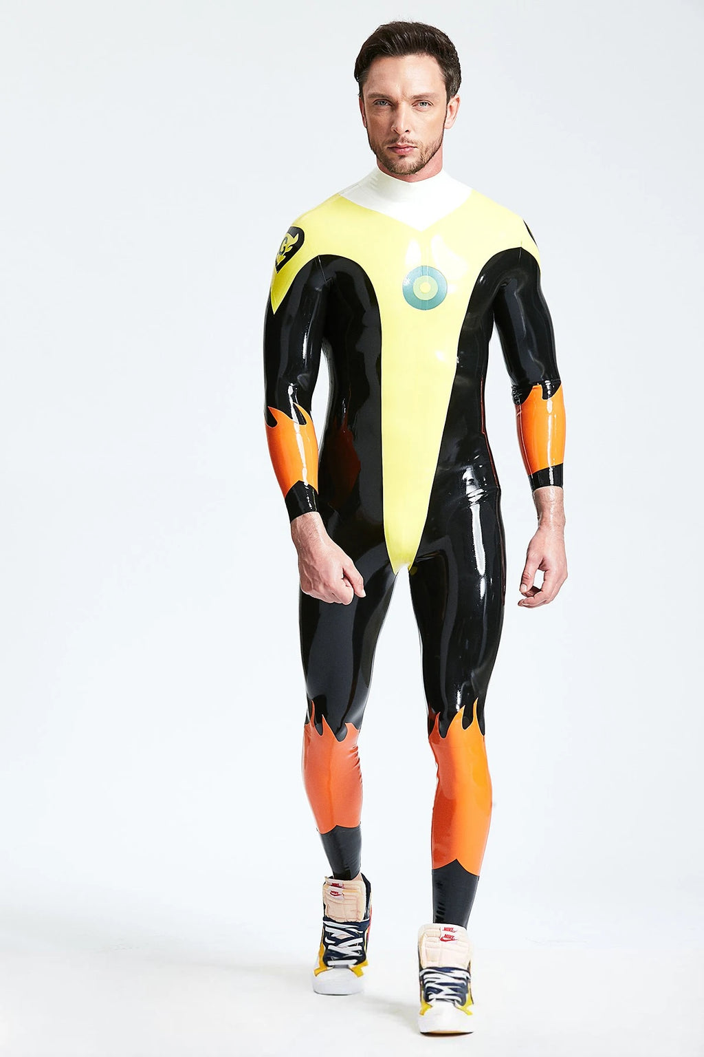 Yellow Male 'Captain Flame' Back Zip Latex Catsuit