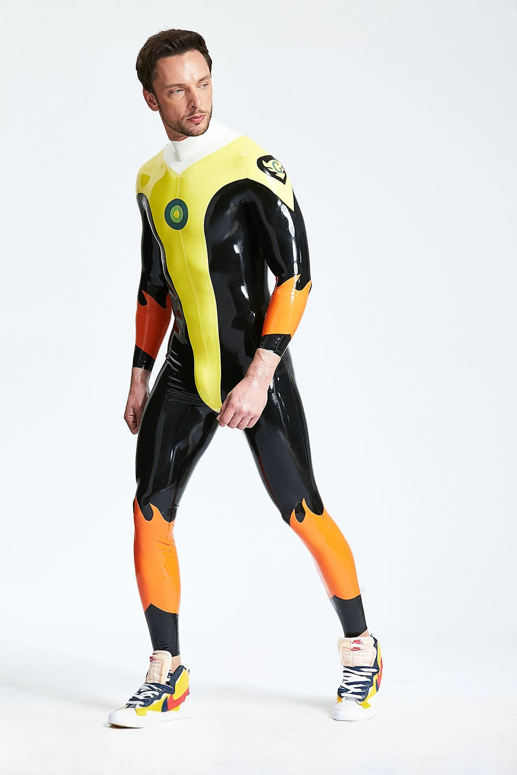 Yellow Male 'Captain Flame' Back Zip Latex Catsuit