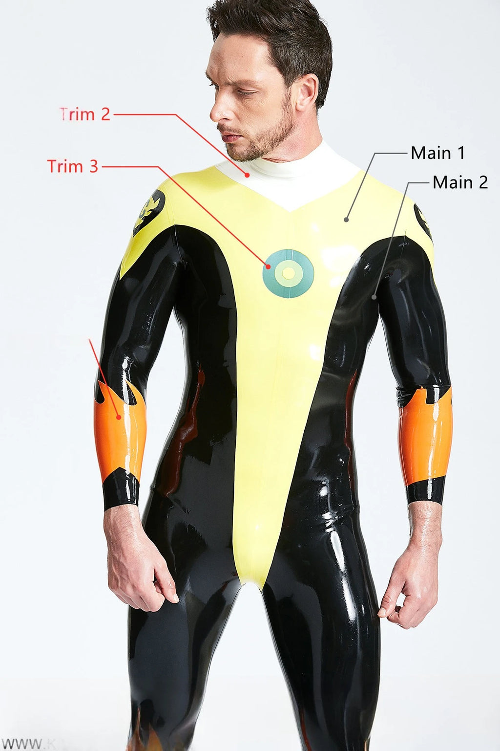 Yellow Male 'Captain Flame' Back Zip Latex Catsuit