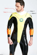 Yellow Male 'Captain Flame' Back Zip Latex Catsuit