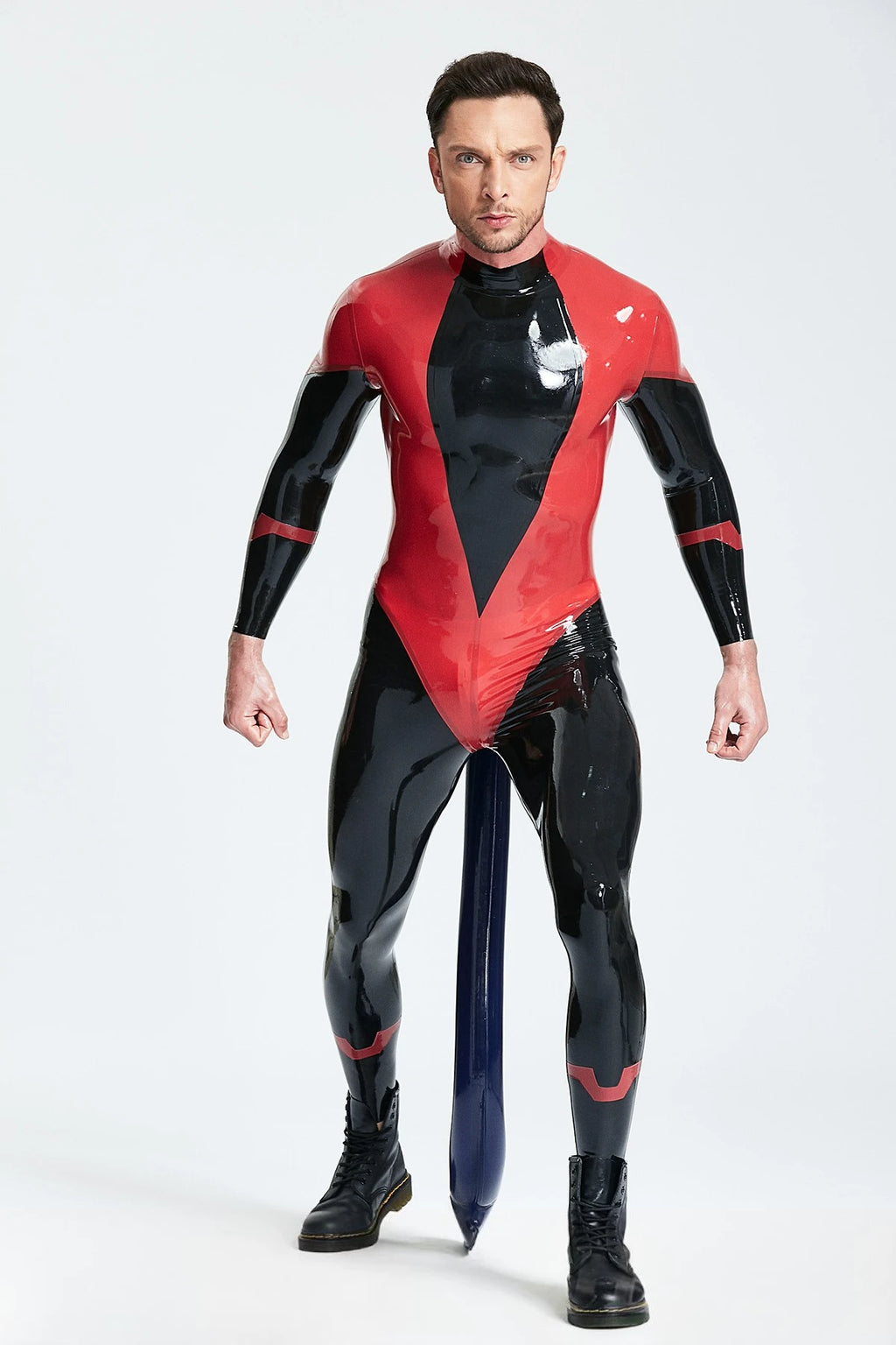 Red Male 'Devil-May-Care' Inflated Tail Latex Catsuit