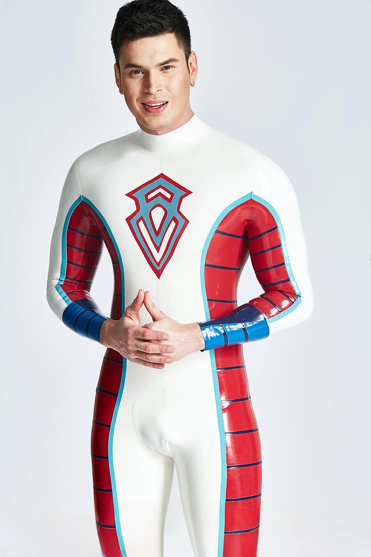 Pure White Male 'Diamond Duke' Back Zipper Latex Catsuit