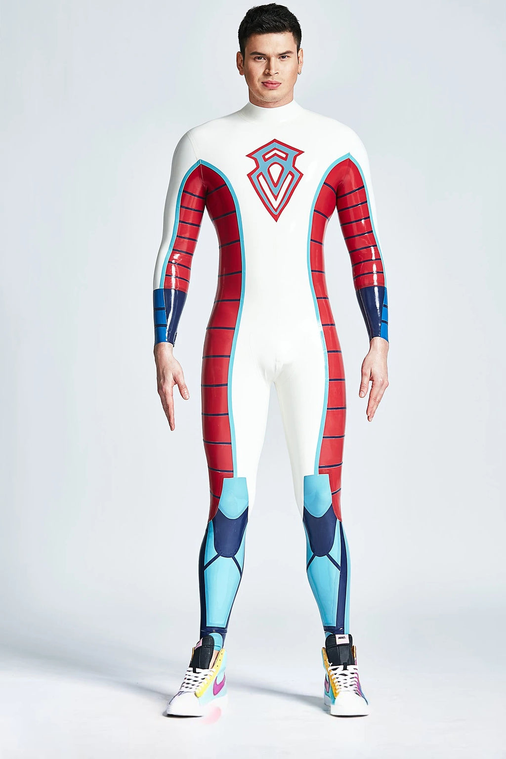 Pure White Male 'Diamond Duke' Back Zipper Latex Catsuit
