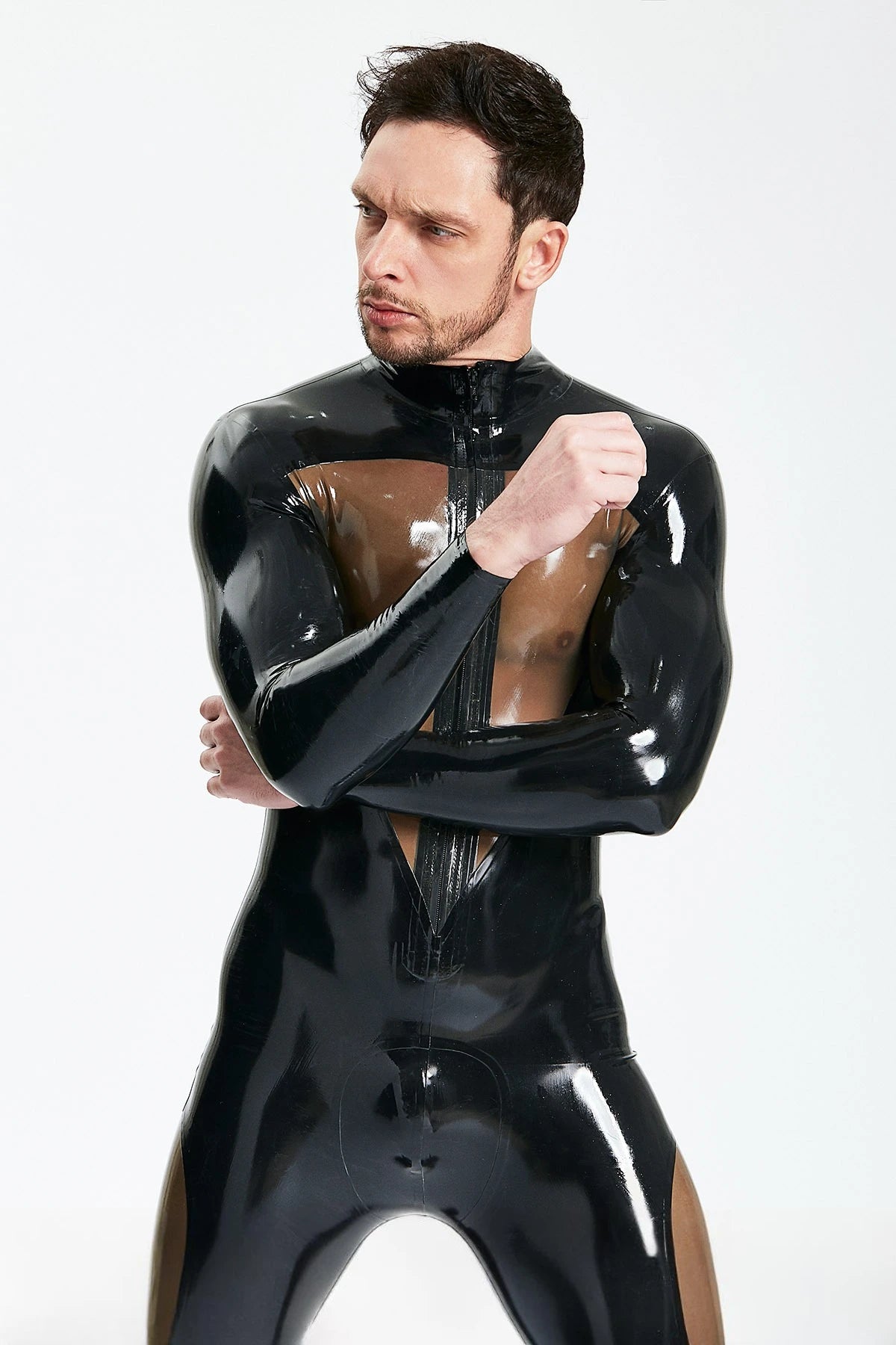 Black Male 'Dome Delusion' Front Zipper Latex Catsuit