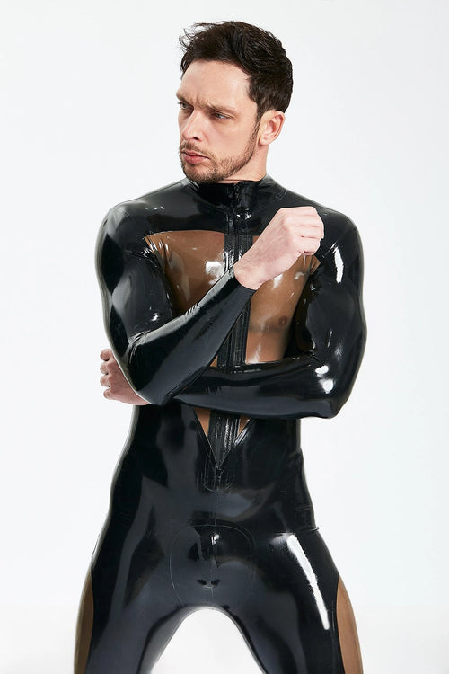 Black Male 'Dome Delusion' Front Zipper Latex Catsuit