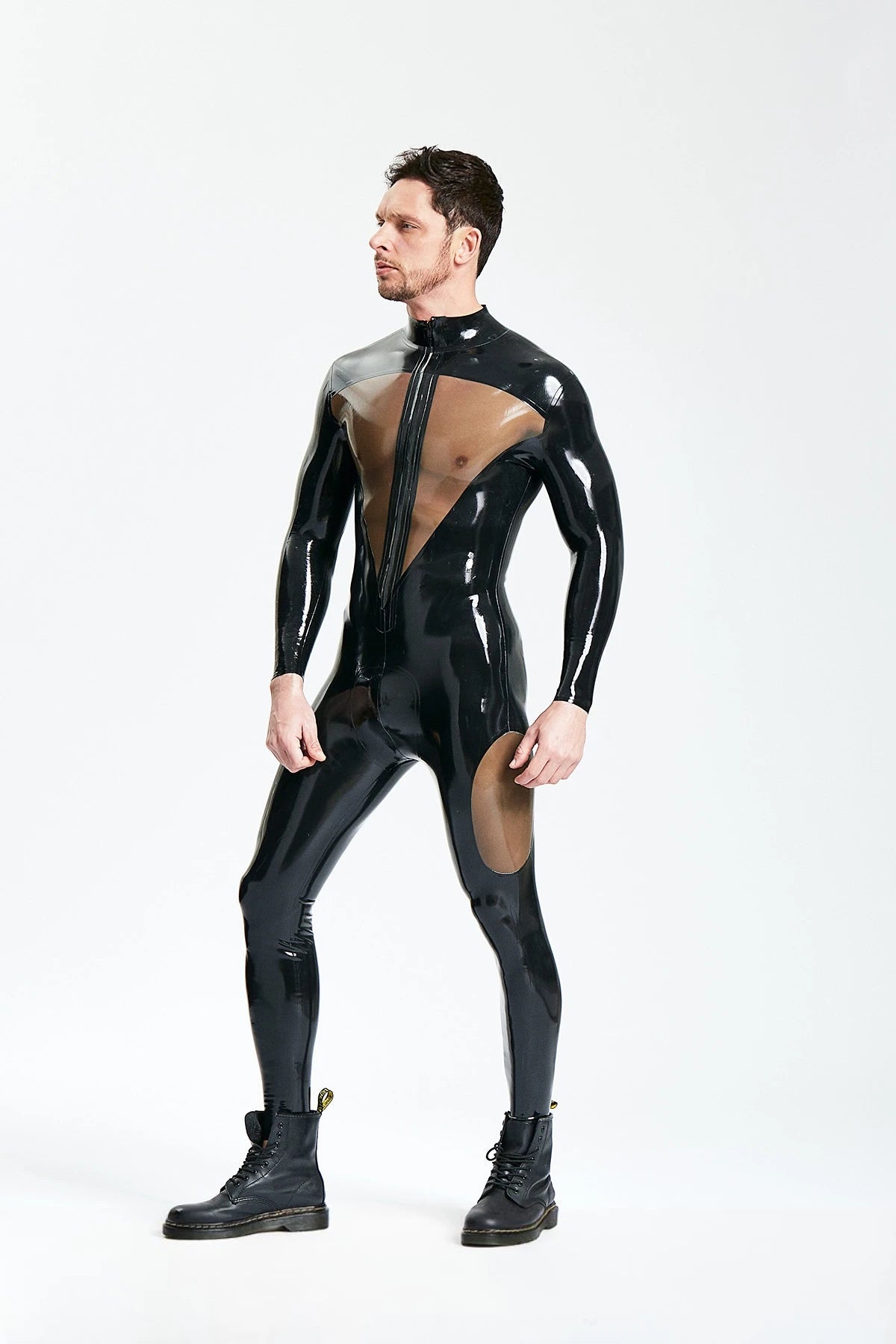 Black Male 'Dome Delusion' Front Zipper Latex Catsuit