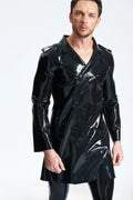 Black Male Double-Breasted Three-Quarter Trench Latex Coat