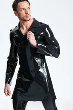 Black Male Double-Breasted Three-Quarter Trench Latex Coat