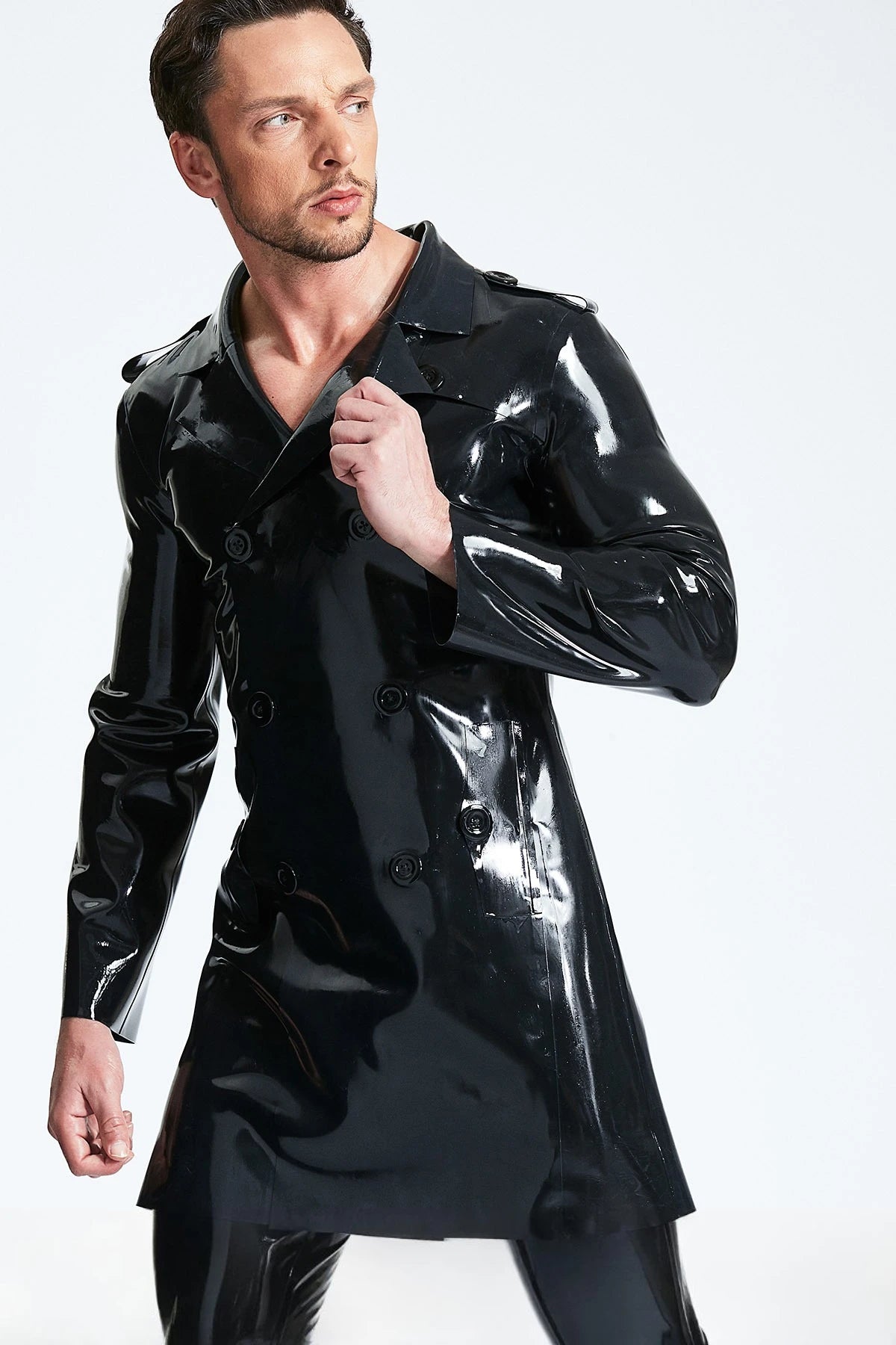 Black Male Double-Breasted Three-Quarter Trench Latex Coat