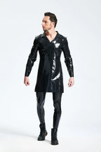Black Male Double-Breasted Three-Quarter Trench Latex Coat