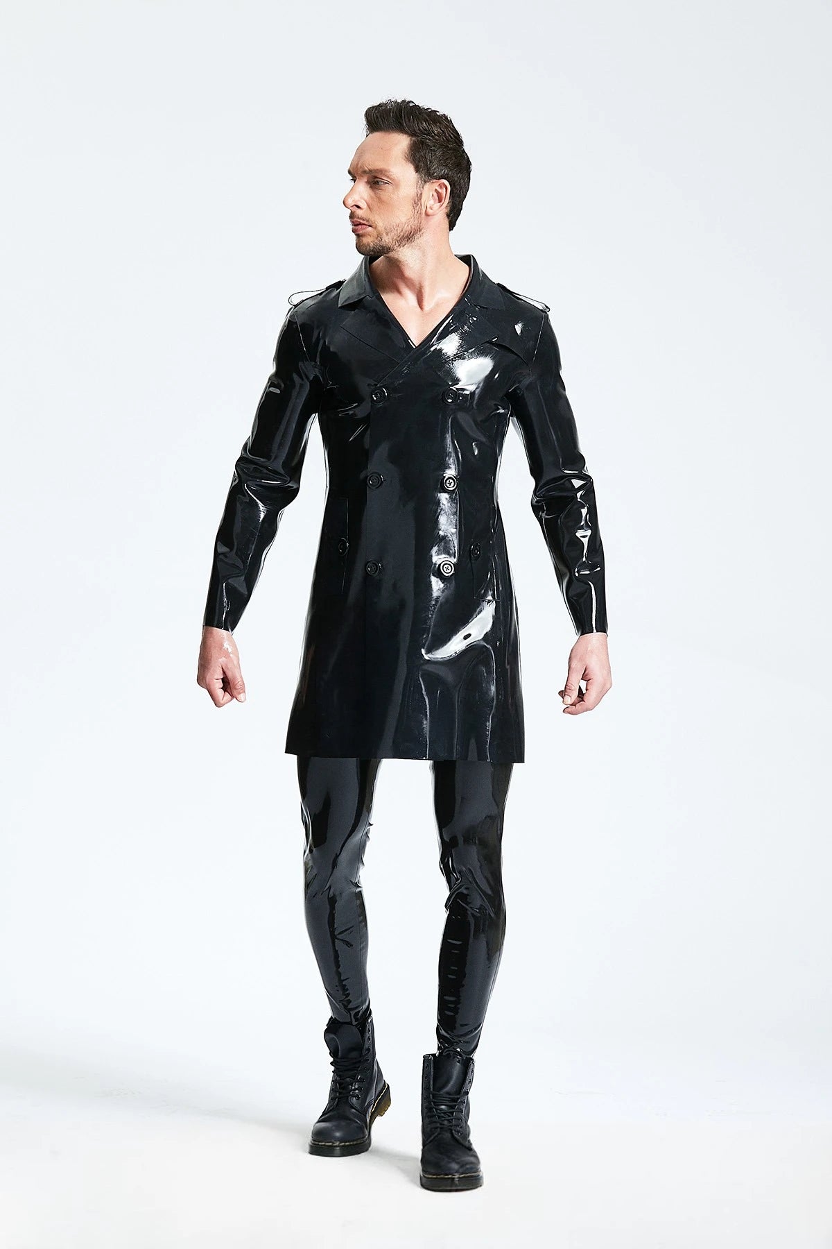 Black Male Double-Breasted Three-Quarter Trench Latex Coat