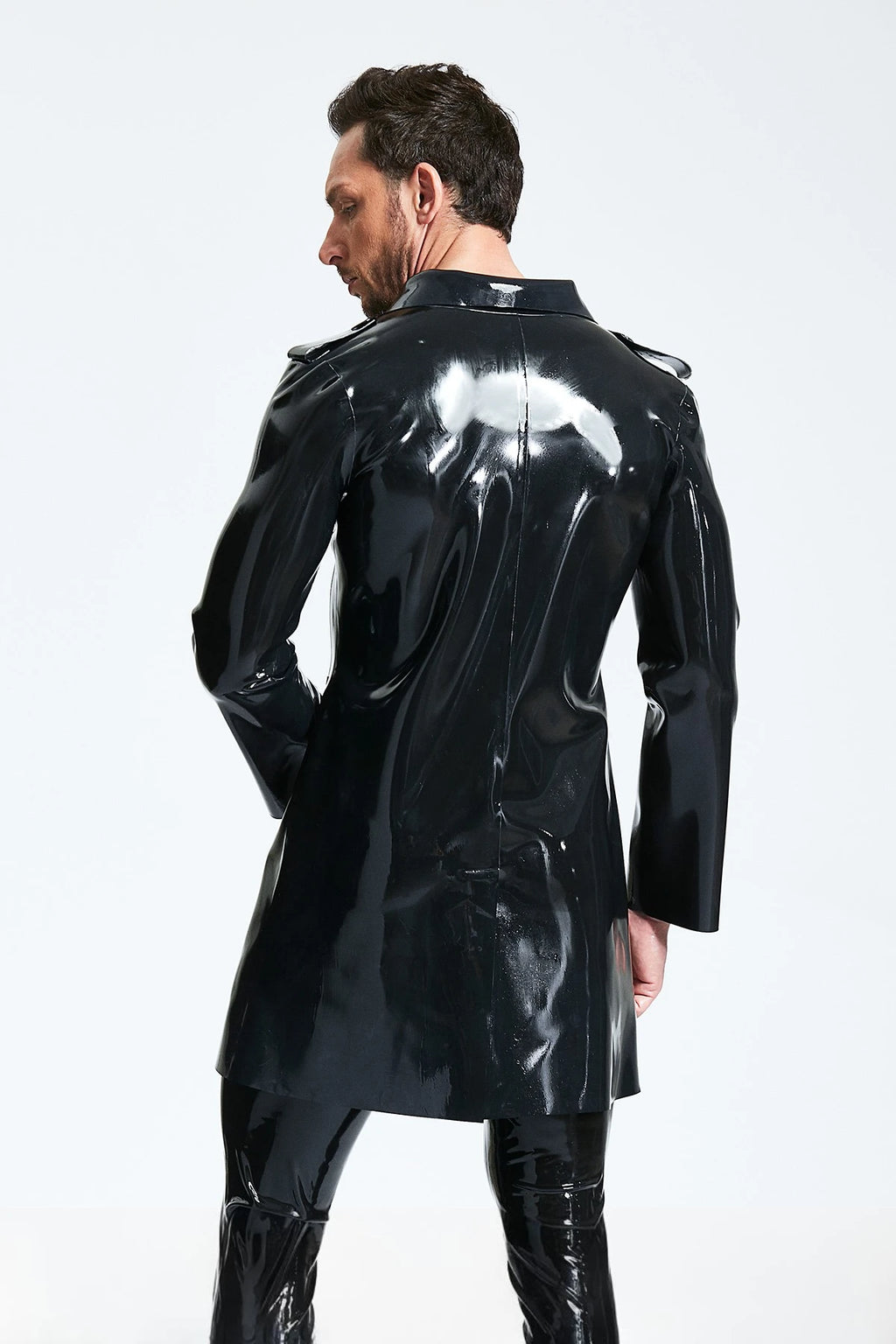 Black Male Double-Breasted Three-Quarter Trench Latex Coat