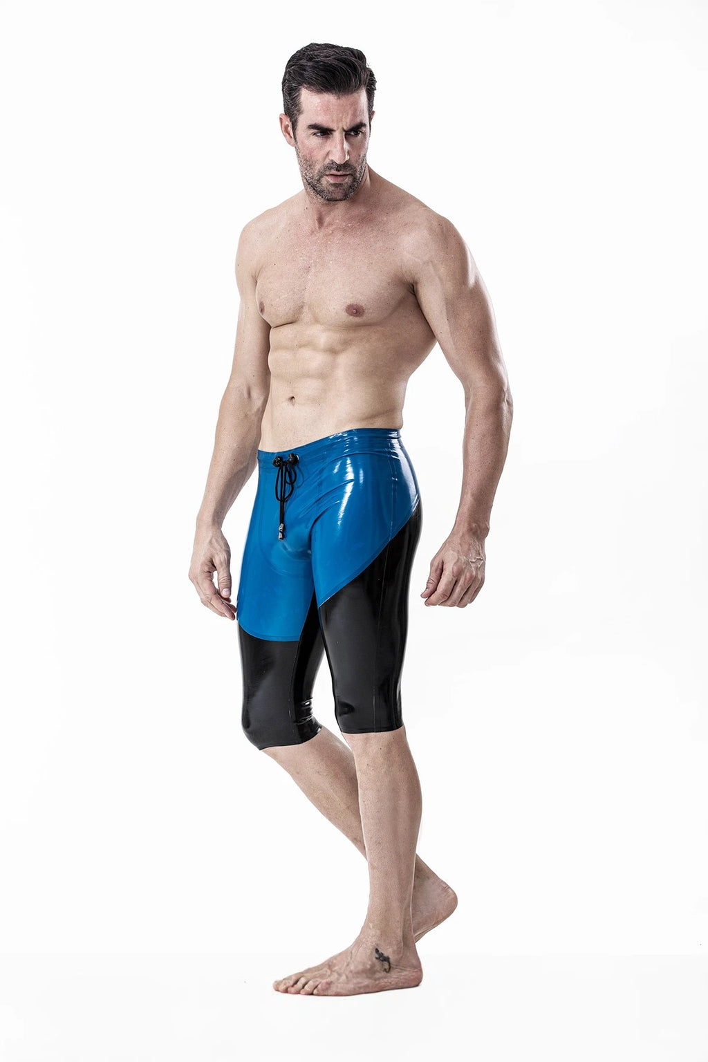 Metallic Blue Male Drawstring Knee-length Latex Shorts