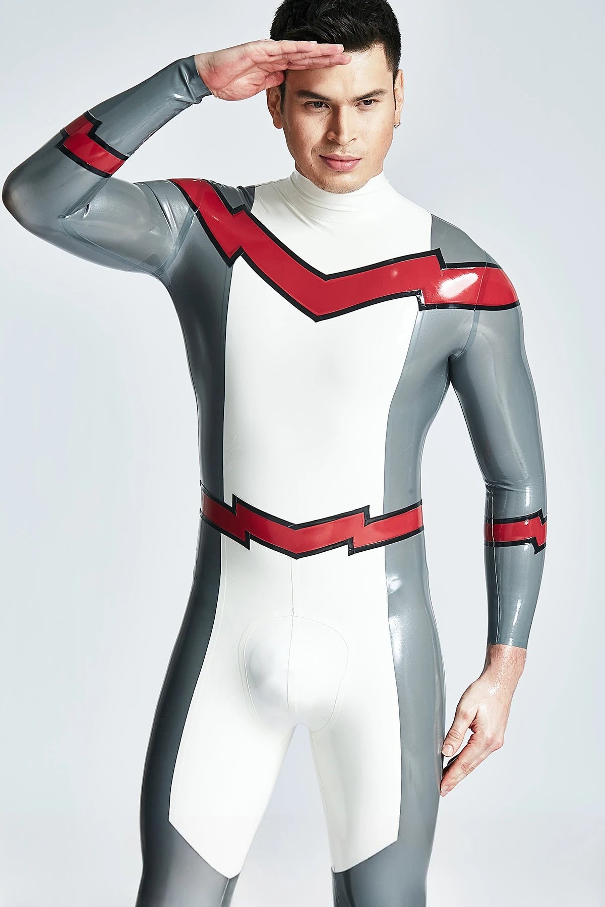 Metallic Silver Male 'Firebolt' Back Zipper Latex Catsuit