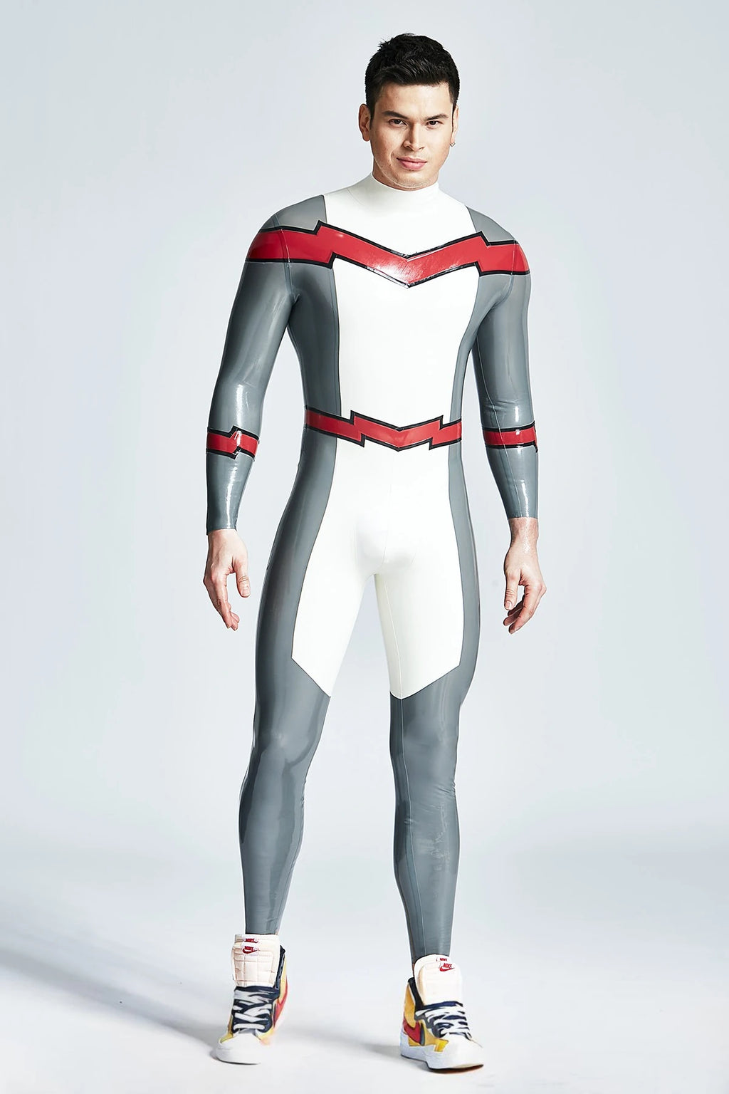 Metallic Silver Male 'Firebolt' Back Zipper Latex Catsuit