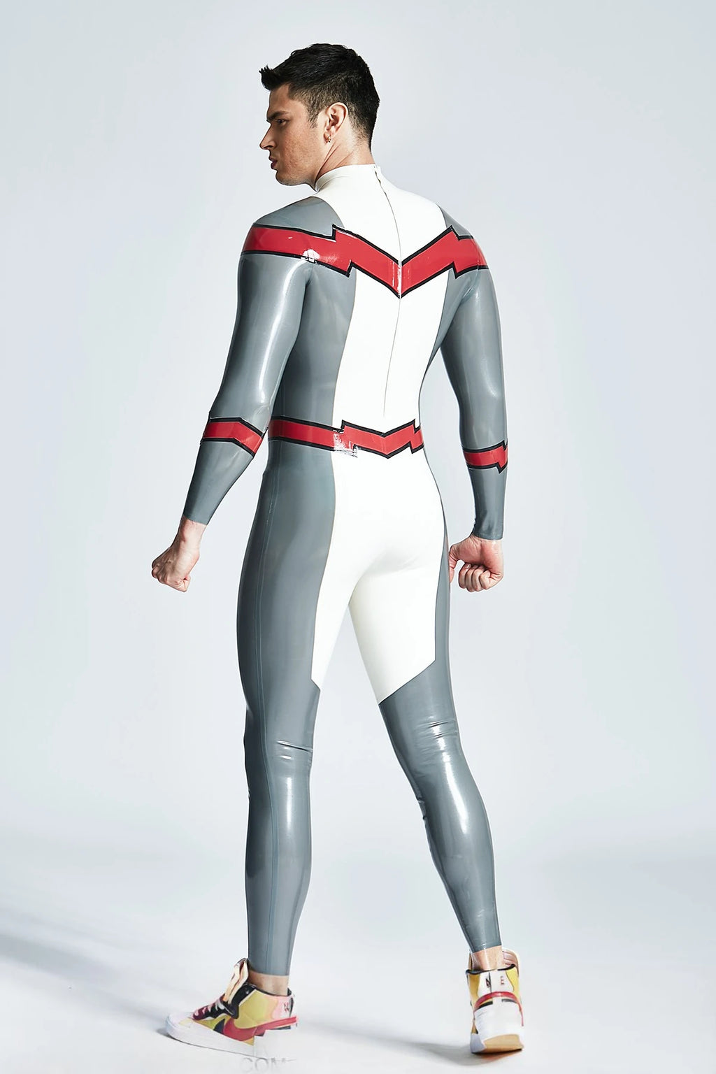 Metallic Silver Male 'Firebolt' Back Zipper Latex Catsuit