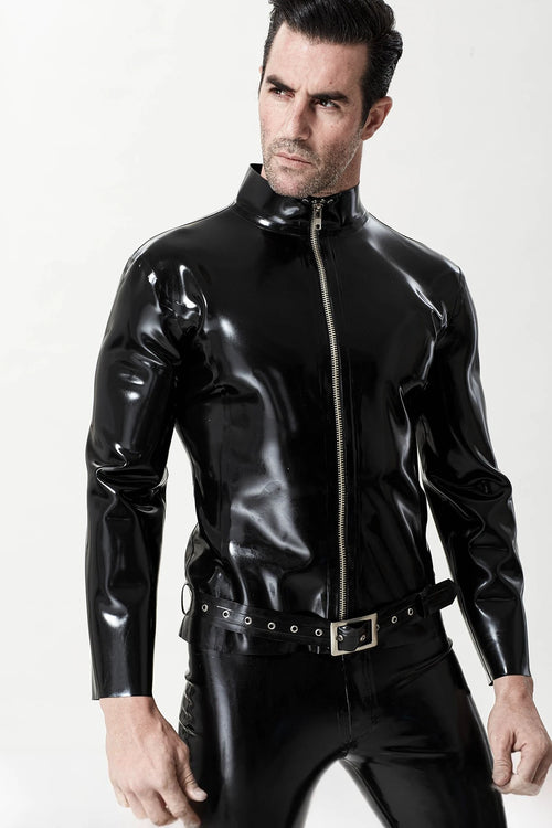 Black Male Front Zip Motorcycle Latex Jacket