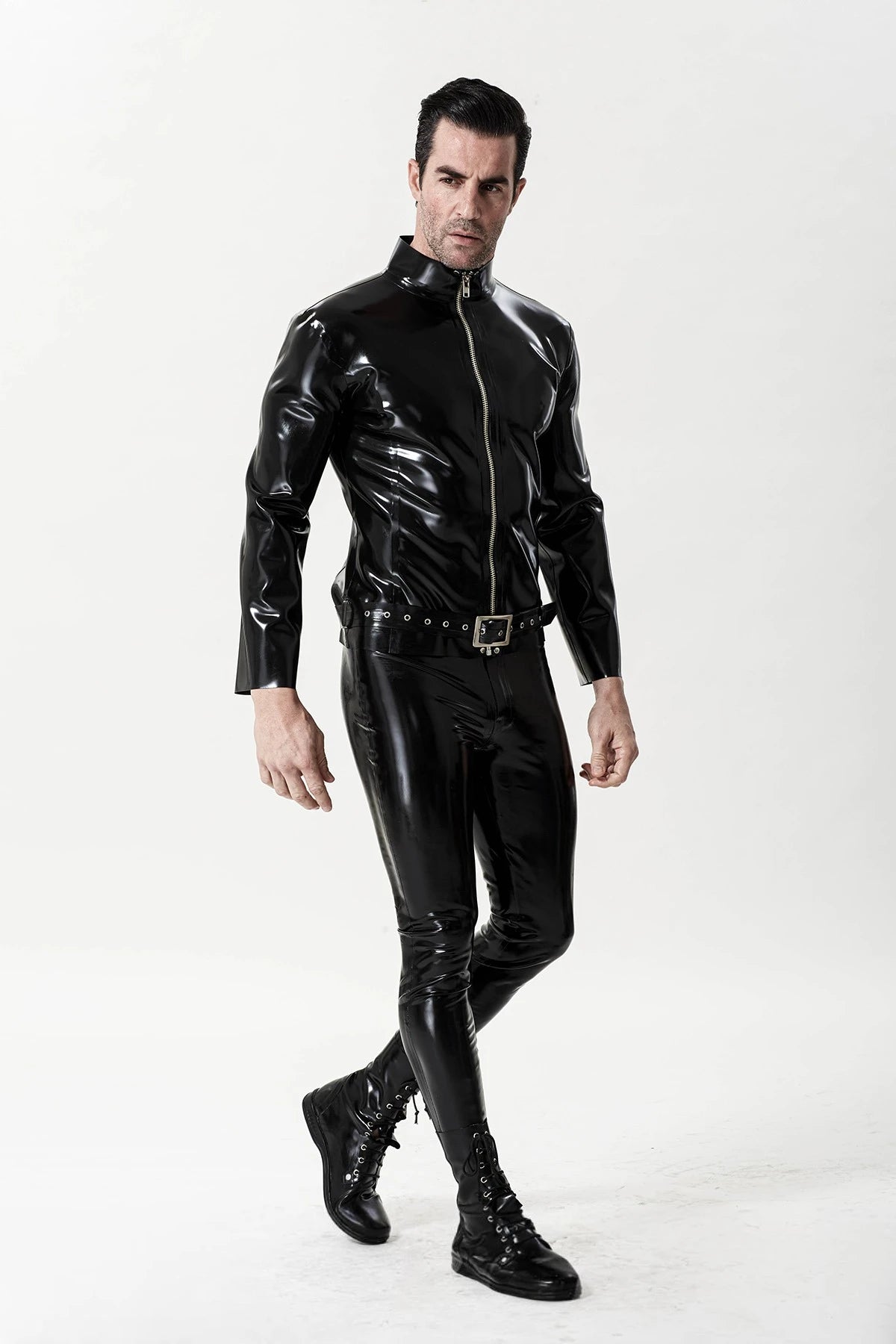 Black Male Front Zip Motorcycle Latex Jacket
