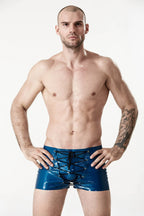 Metallic Blue Male Latex Front-Laced Shorts