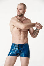 Metallic Blue Male Latex Front-Laced Shorts