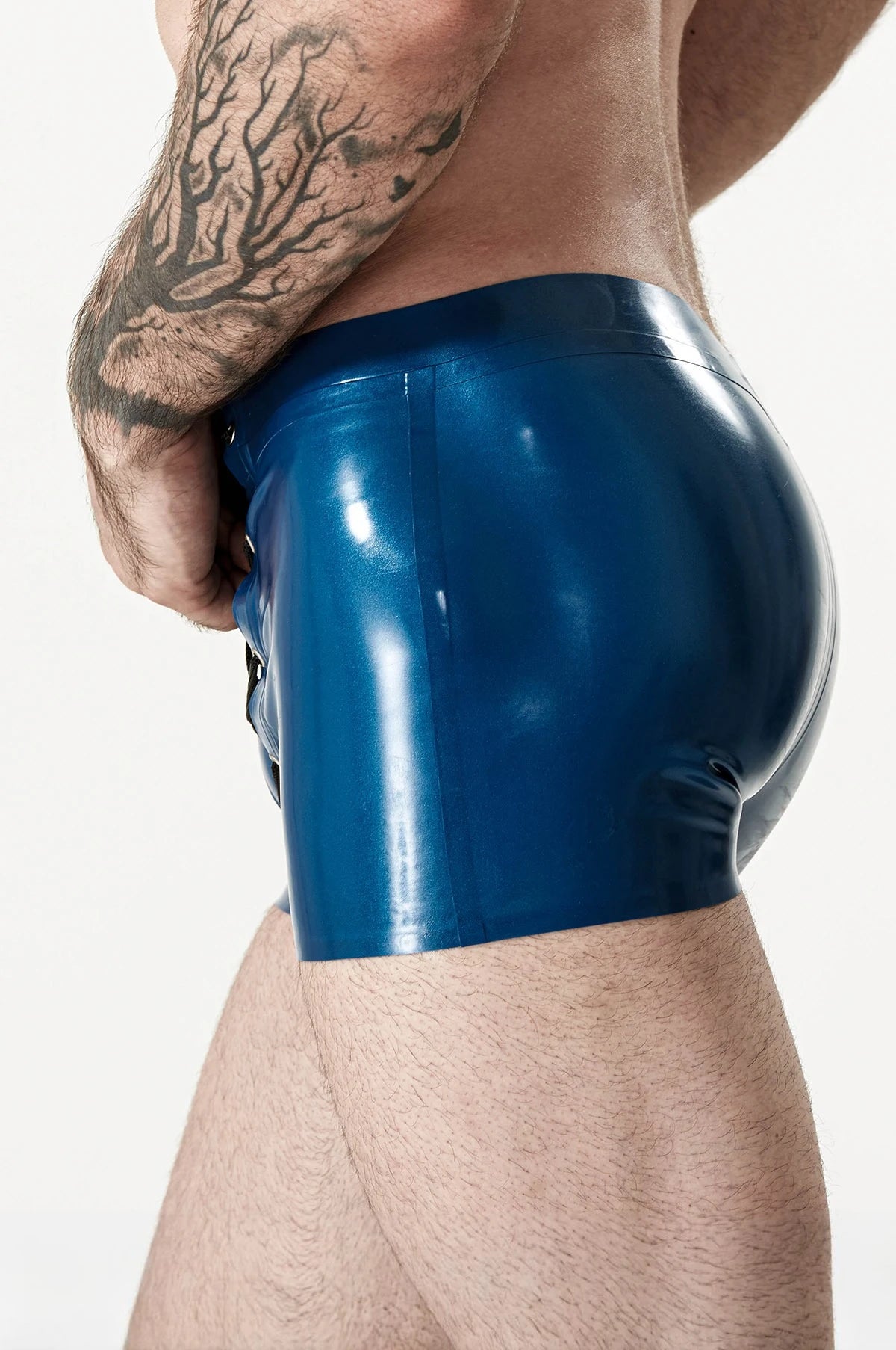 Metallic Blue Male Latex Front-Laced Shorts