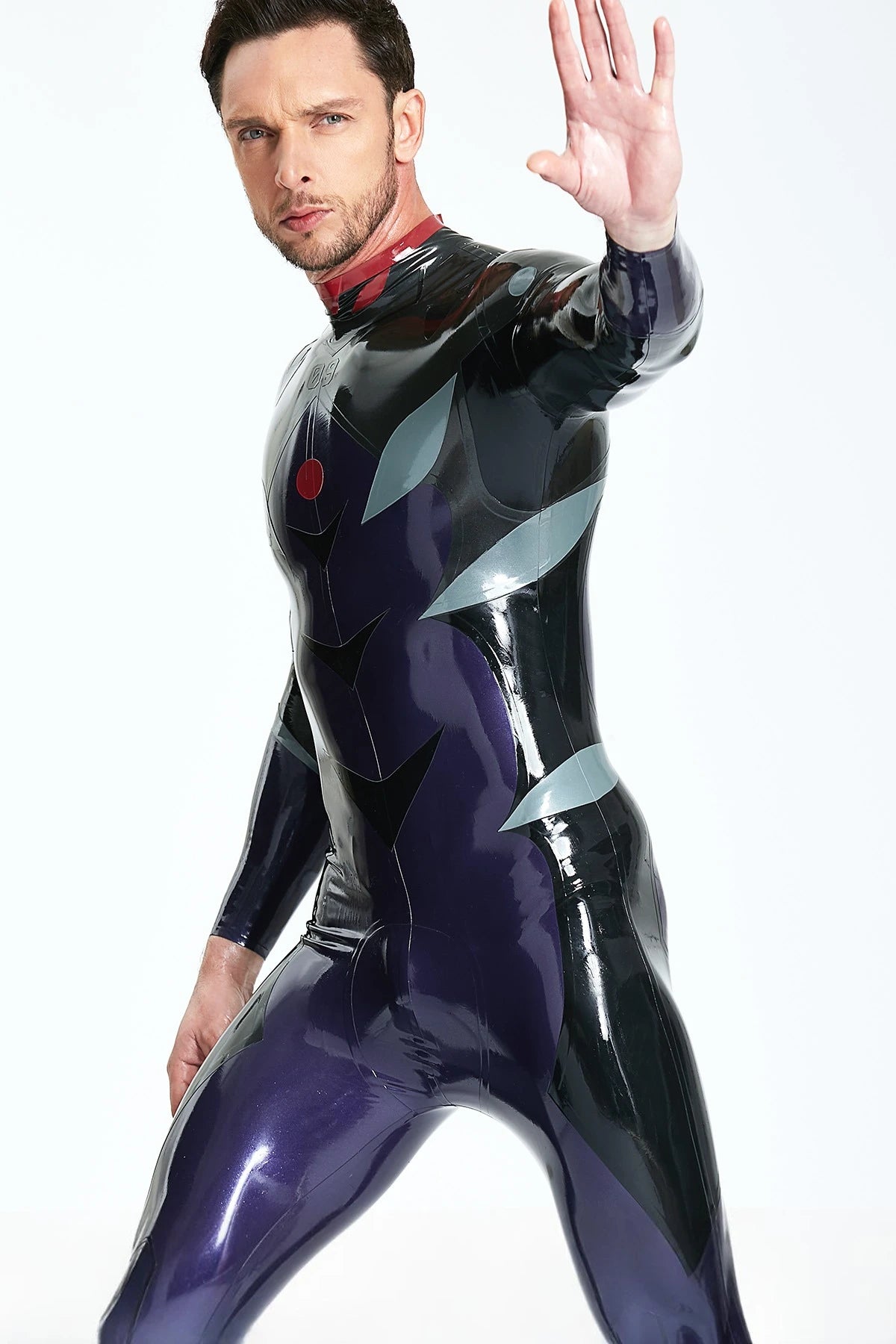 Metallic Pewter Male 'Galactic Nebular' Latex Catsuit With Feet