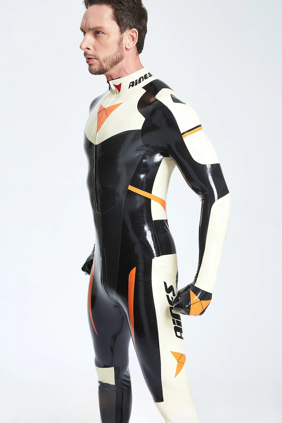 Black Latex Male 'GP-Moto' Catsuit With Feet and Gloves