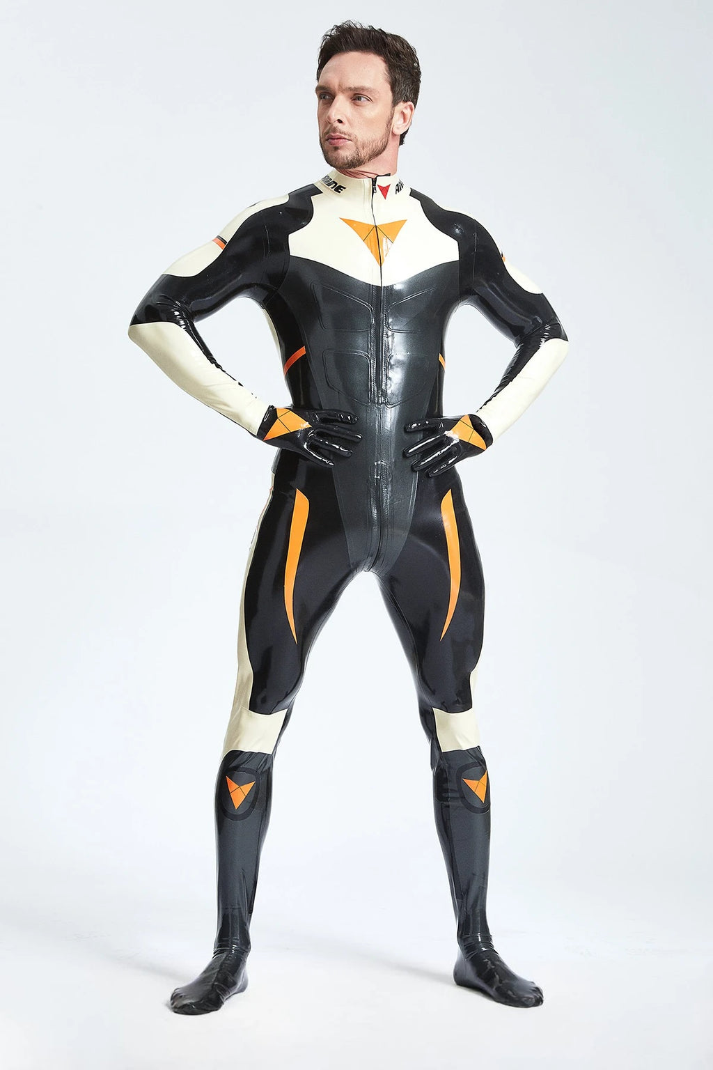 Black Latex Male 'GP-Moto' Catsuit With Feet and Gloves