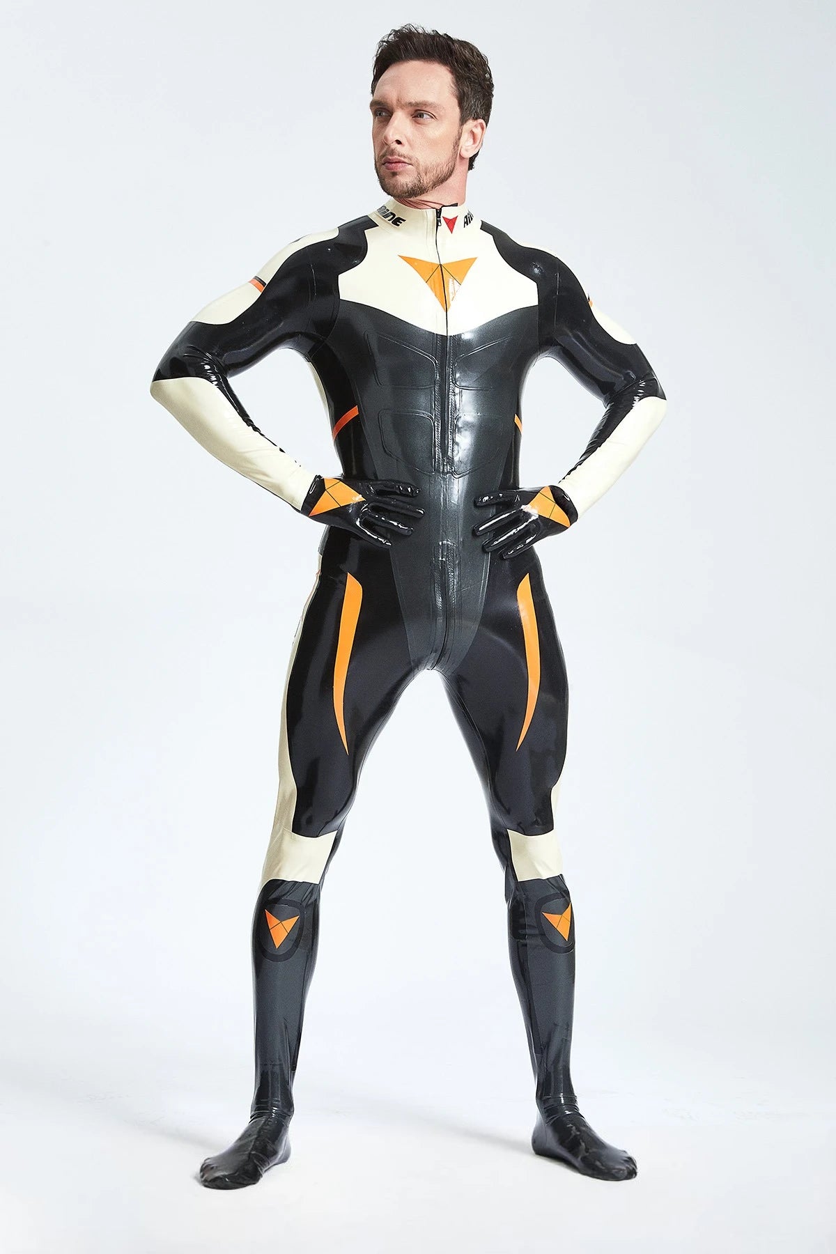 Black Latex Male 'GP-Moto' Catsuit With Feet and Gloves
