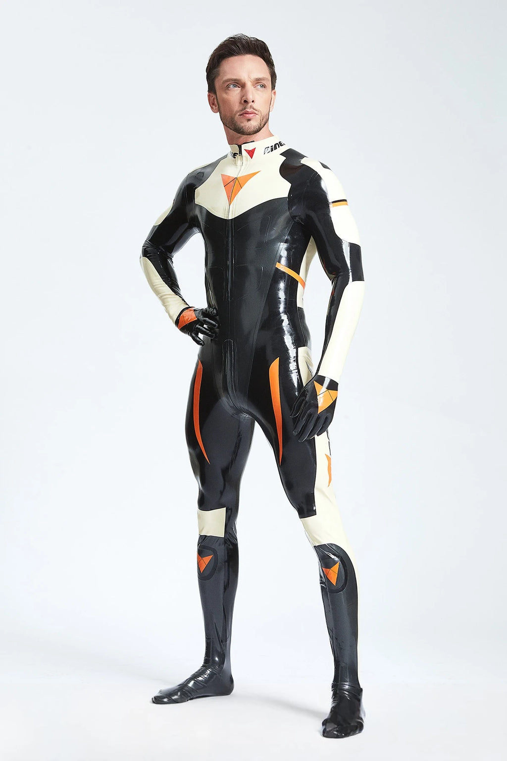 Black Latex Male 'GP-Moto' Catsuit With Feet and Gloves