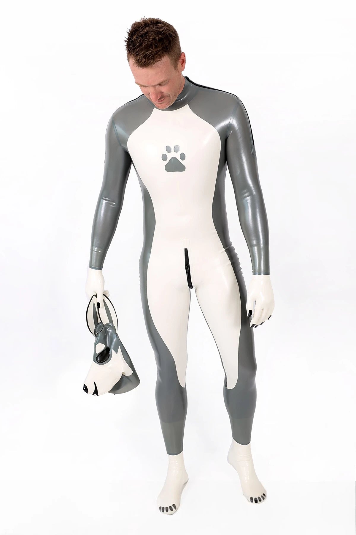 Metallic Silver Male Grey Donkey Latex Catsuit