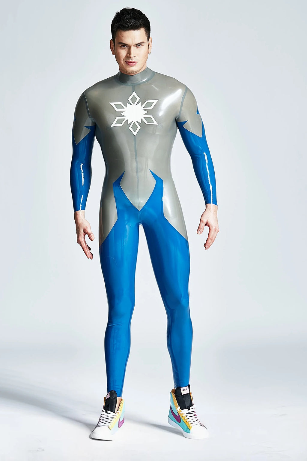Metallic Silver Male 'Hexagramite' Latex Catsuit