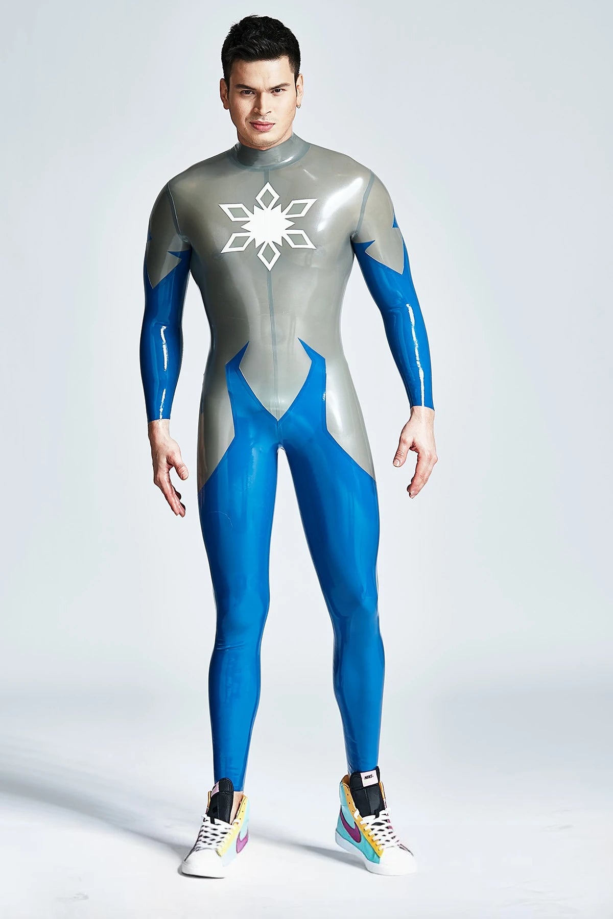 Metallic Silver Male 'Hexagramite' Latex Catsuit