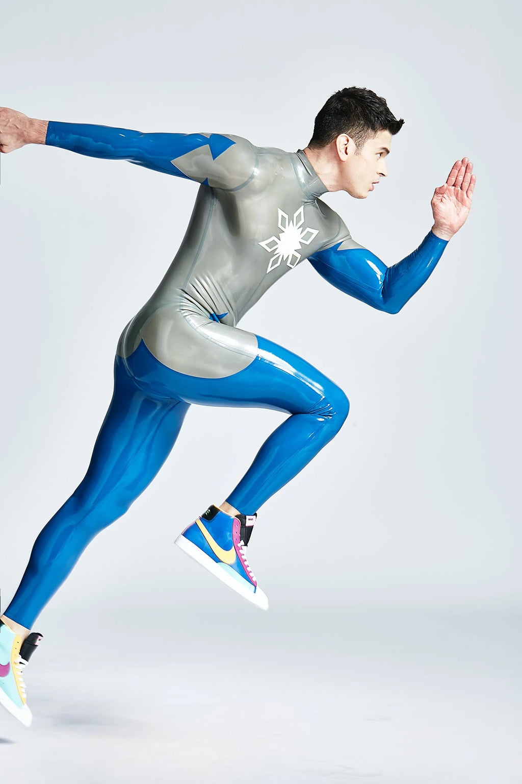 Metallic Silver Male 'Hexagramite' Latex Catsuit