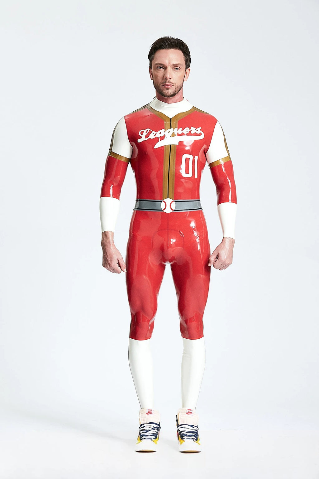 Red Male 'Leaguers' Baseball Look Shoulder Zip Latex Catsuit