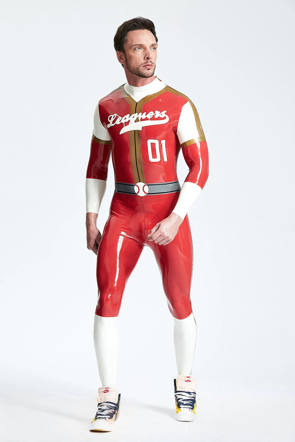 Red Male 'Leaguers' Baseball Look Shoulder Zip Latex Catsuit