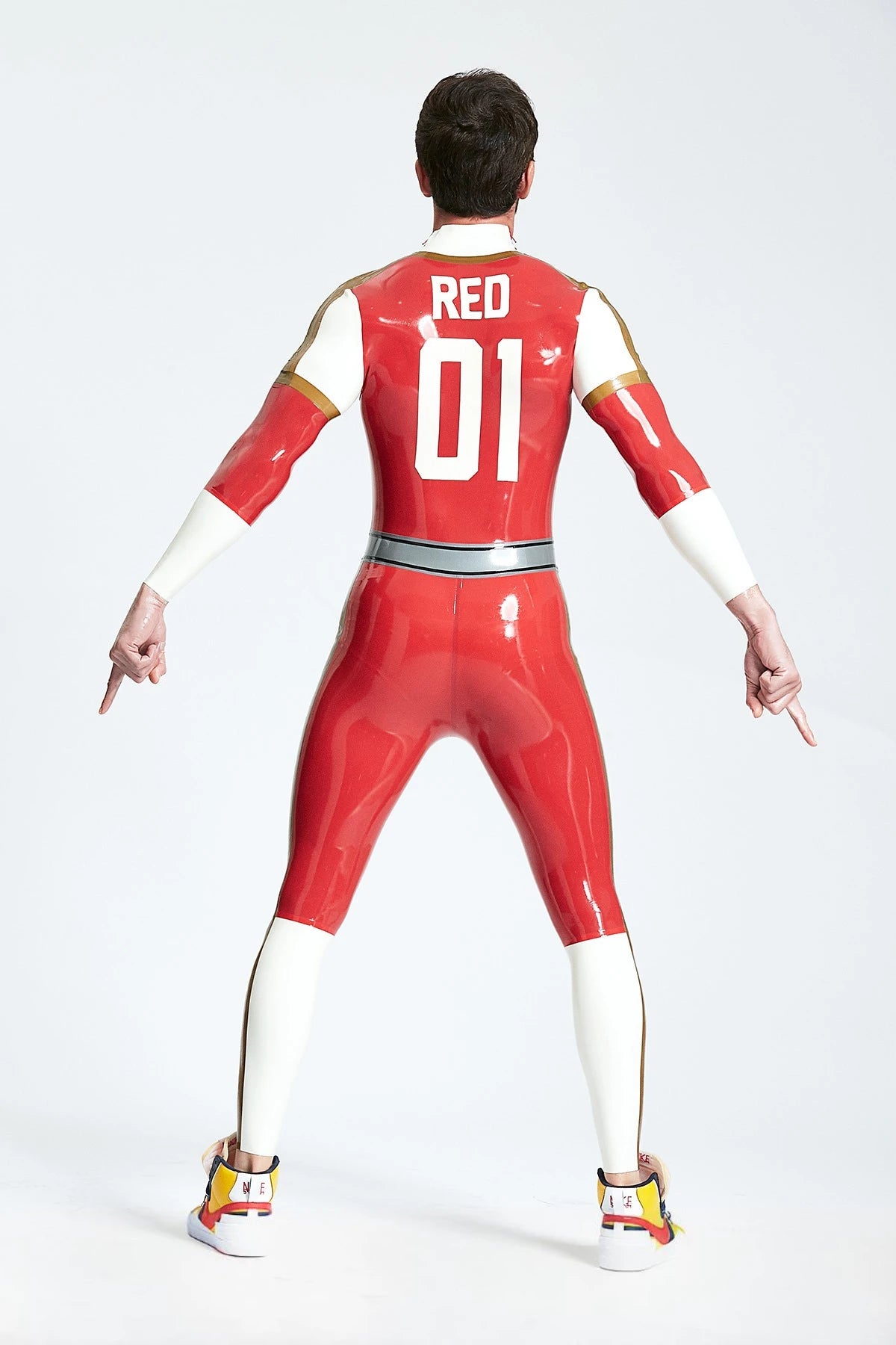Red Male 'Leaguers' Baseball Look Shoulder Zip Latex Catsuit
