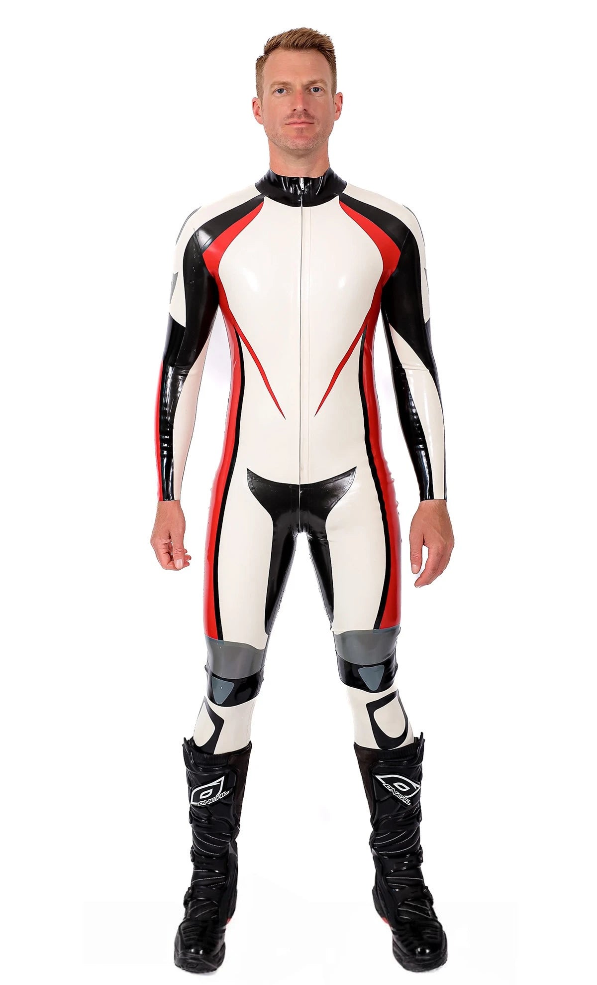 Pure White Male Logo Branded Motorcycle Latex Suit