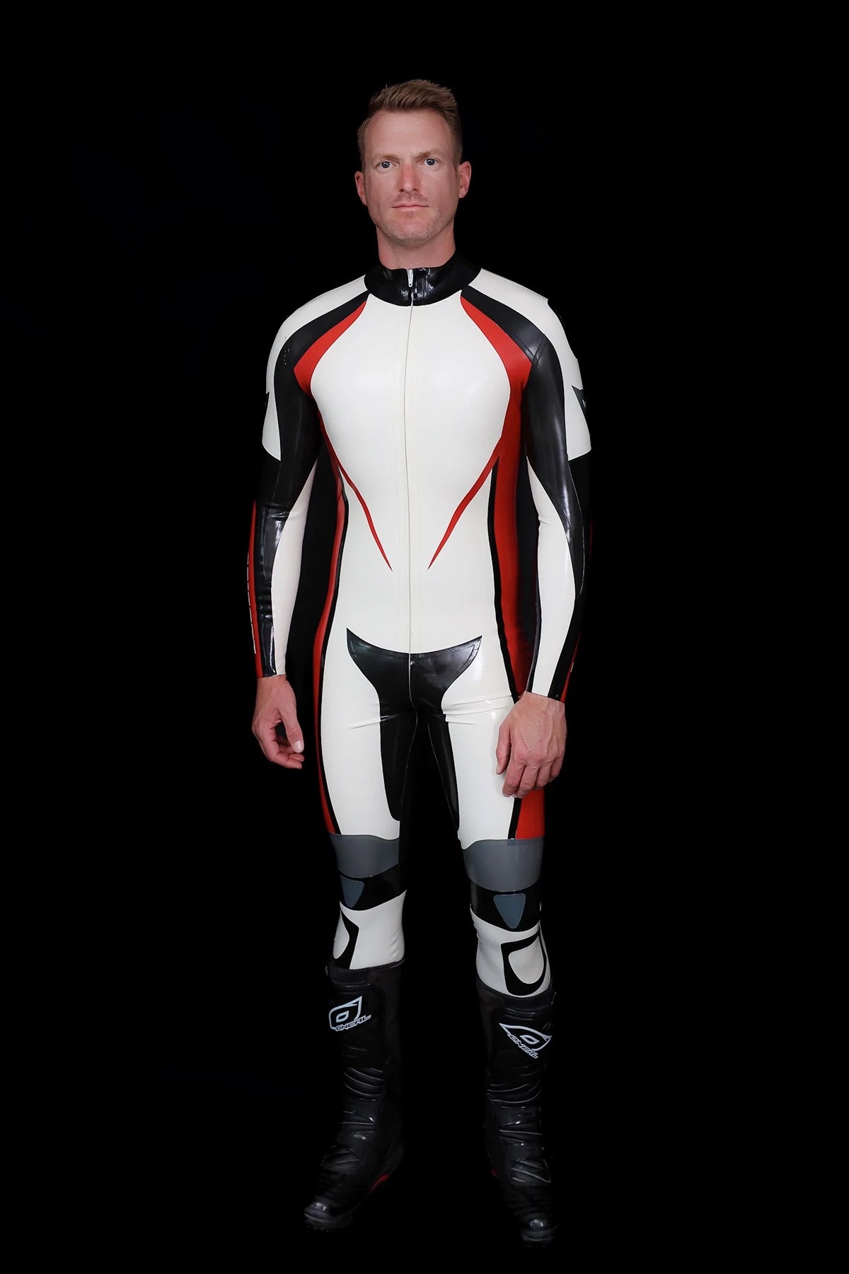Pure White Male Logo Branded Motorcycle Latex Suit