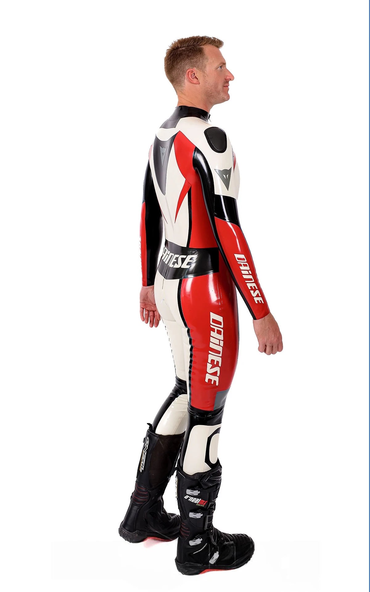Pure White Male Logo Branded Motorcycle Latex Suit
